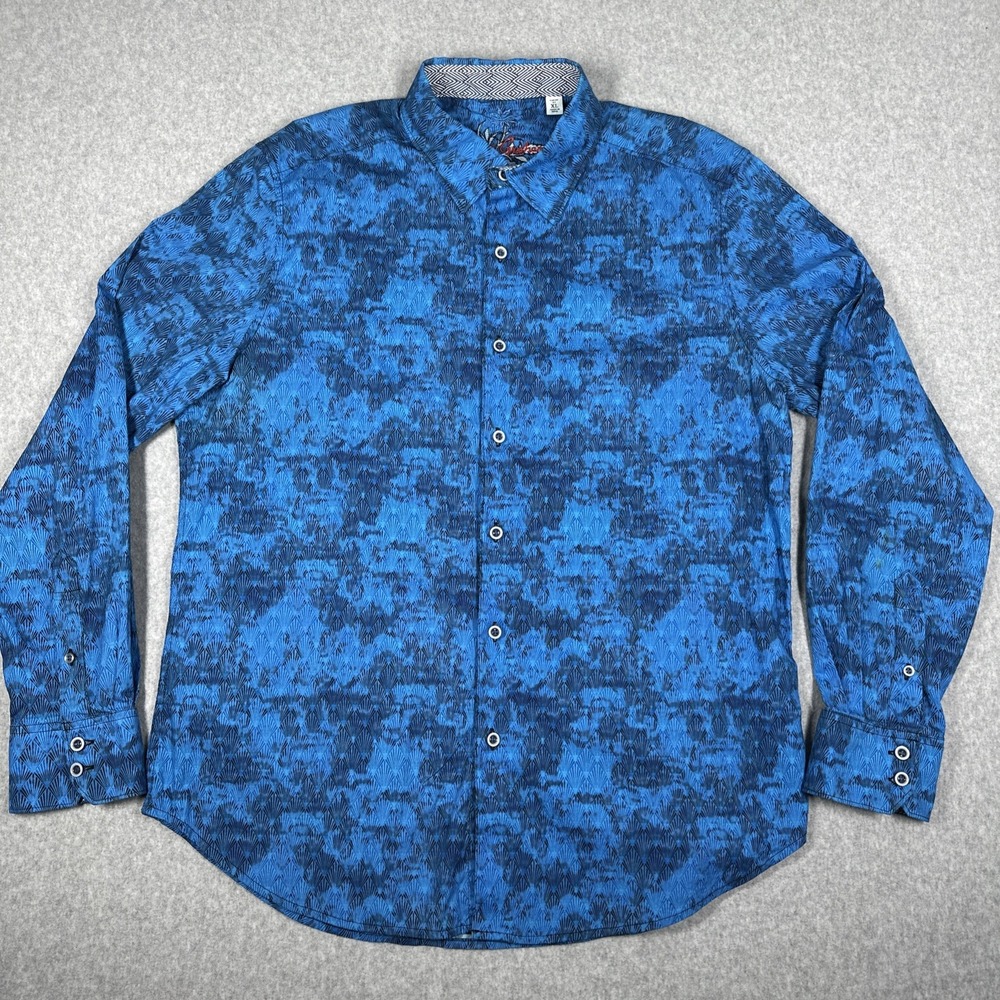 Robert Graham Men's XL Button Up Shirt Geometric AOP Flip Cuff Navy Blue KWT